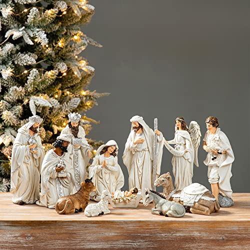 12-Piece Ivory Resin Nativity Figurines Set for Christmas Tabletop Decor