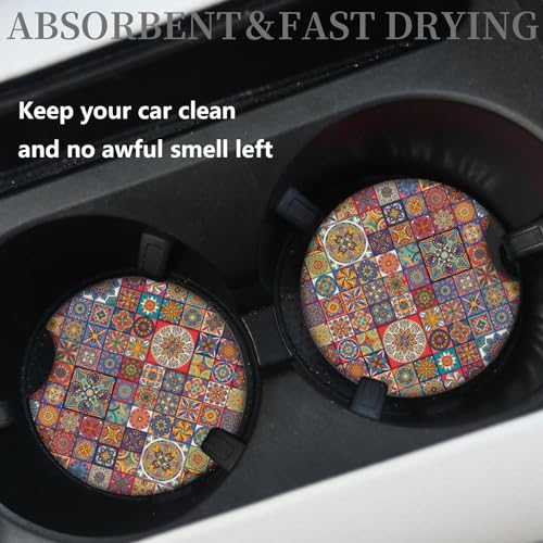 Adastrah Multicolor Boho Mandala Car Coasters 2-Pack, Absorbent Neoprene, 2.75 Inch with Finger Slot