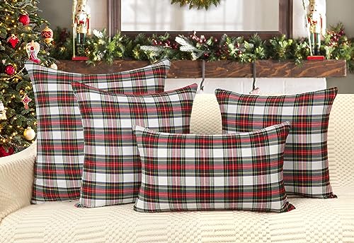 4TH Emotion Set of 2 Christmas Scottish Tartan Plaid Throw Pillow Covers 20x20 Red White