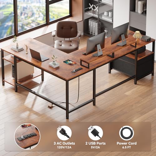 66-Inch L-Shaped Computer Desk with Power Outlet, File Drawer and Monitor Stands