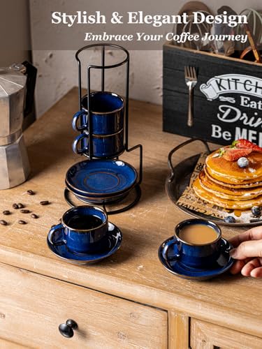Gomakren Cobalt Blue 2.5oz Espresso Cups & Saucers Set of 4 with Metal Rack