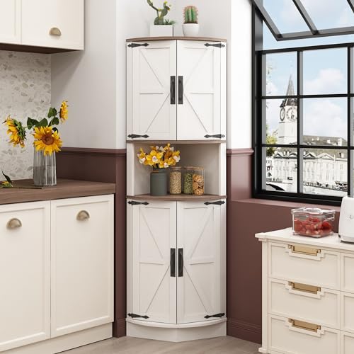 Tall Farmhouse Corner Cabinet with Barn Doors and 5 Storage Shelves, White
