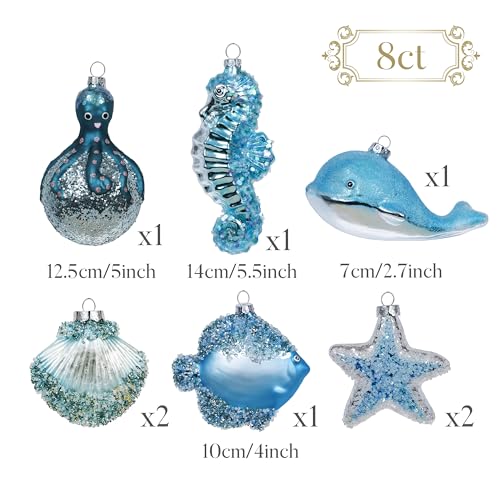 Valery Madelyn 8ct Large Christmas Glass Ornaments Set - Beach & Marine Theme