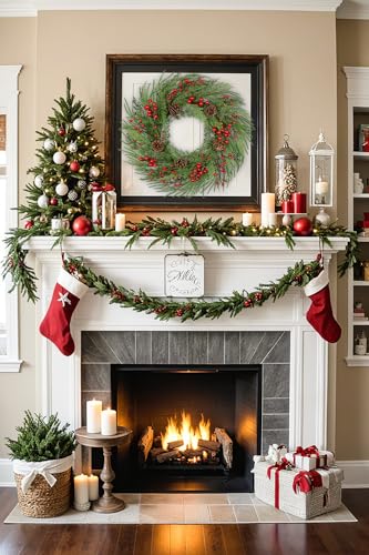 Oairse Norfolk Pine Wreath with Pinecones, Berries & Cedar - 23 Inch Indoor/Outdoor Xmas Door Decor