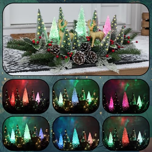 Lighted Christmas Centerpiece with LED Acrylic Trees & Gold Reindeer, Flocked Pine, Timer, Holiday Decor