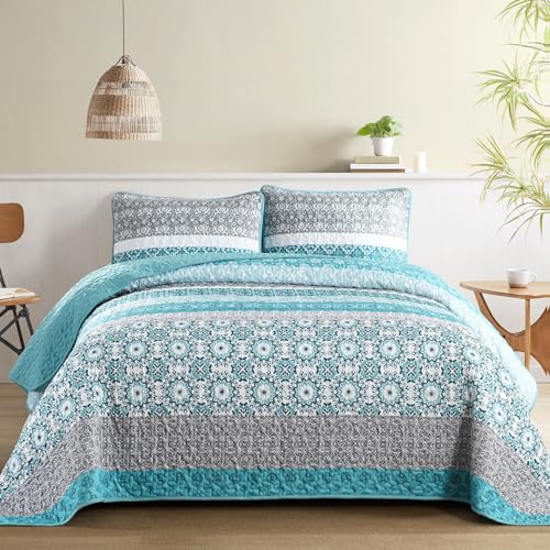 Teal Boho Queen Quilt Set - 3-Piece Floral Striped Microfiber Bedspread