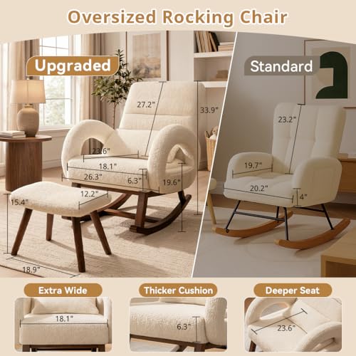 COMHOMA Beige Boucle Nursery Rocking Chair with Ottoman & Lumbar Pillow