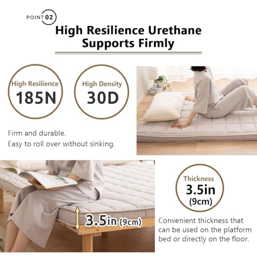 Japanese Padded Futon Mattress, Queen Size Foldable Floor Sleeping Bed