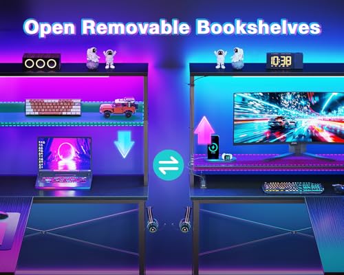 53-Inch Reversible L-Shaped Gaming Desk with LED Lights & Outlets