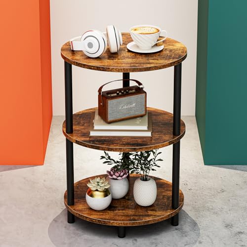 3-Tier Oval Side Table, Rustic Wood and Metal End Table for Small Spaces