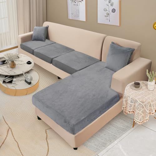 L-Shape Sectional Couch Cover Set - 4-Piece Velvet Slipcovers with Pillowcases - Dark Grey