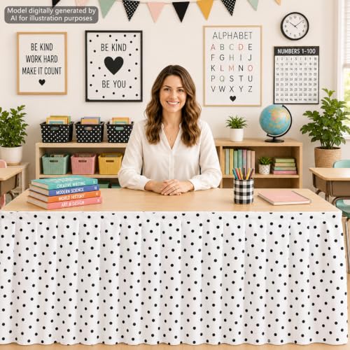 14ft Black and White Polka Dot Table Skirt for Teacher Desk and Classroom