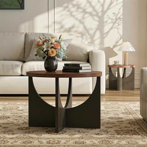 2-Piece Nesting Coffee Table Set, Walnut Wood Round Side Tables