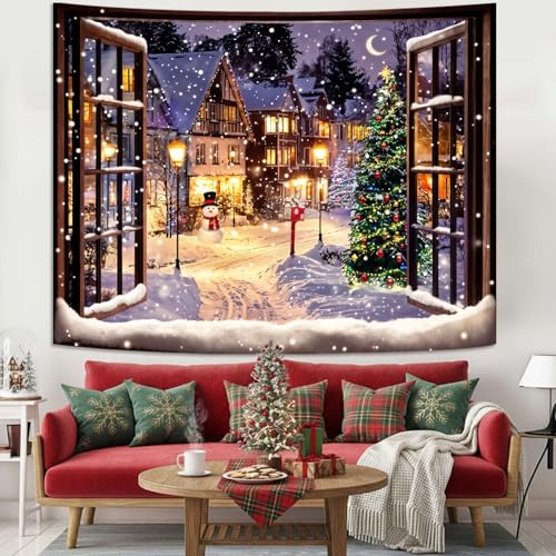 Art Deco Christmas Landscape Tapestry Wall Hanging - Snowmen Scene, 80x60 Inches