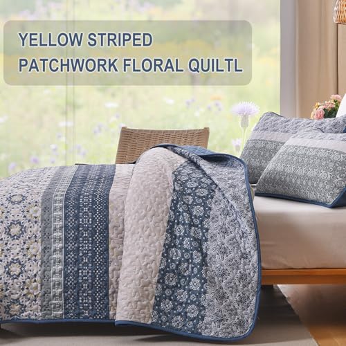 Boho King Quilt Set - 3-Piece Blue Floral Striped Bedspread Coverlet