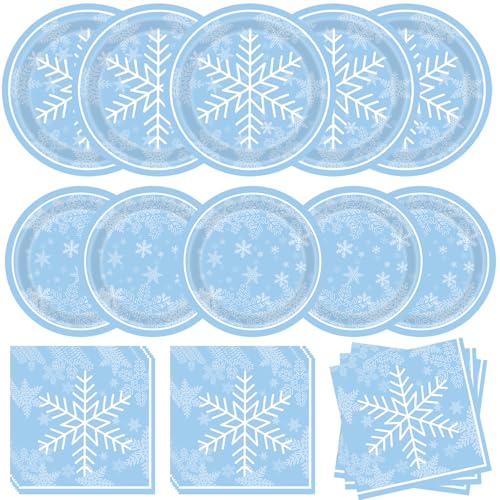 Snowflake Disposable Paper Plates and Napkins Party Set for Winter Wonderland & Christmas
