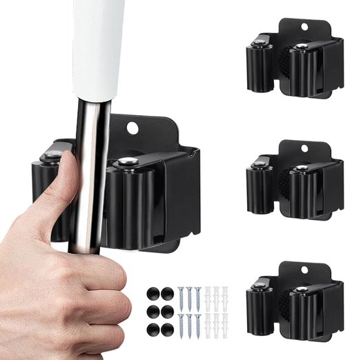 JAMEND CLXP Broom and Mop Holder - Heavy Duty Wall-Mounted Organizer Rack | Stainless Steel, Matte Black