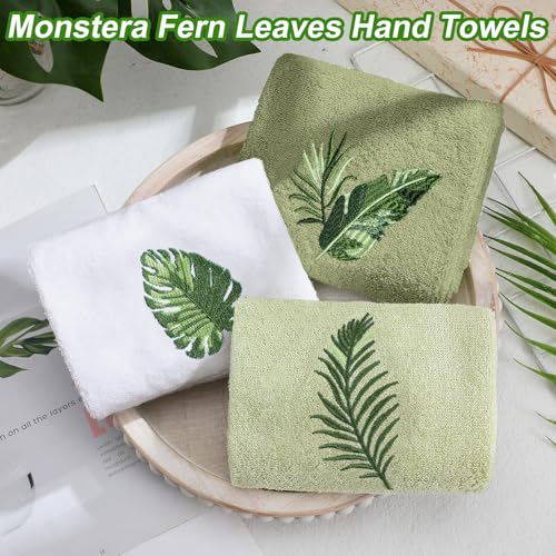 3-Piece Embroidered Cotton Hand Towel Set, Tropical Leaf Bathroom Decor