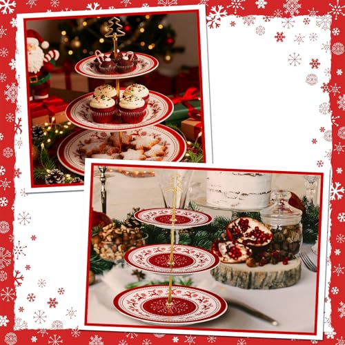 Lallisa Snowflake 3-Tier Christmas Cake Stand 10/9/7 in Blue & White Ceramic with Gold Frame