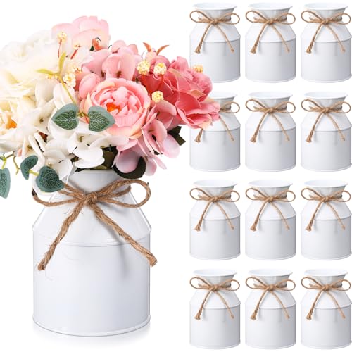 Domensi 12 Pcs Farmhouse Metal Flower Vase, White – 5.12x3.74x3.27in, Waterproof Zinc Coated Milk Cans