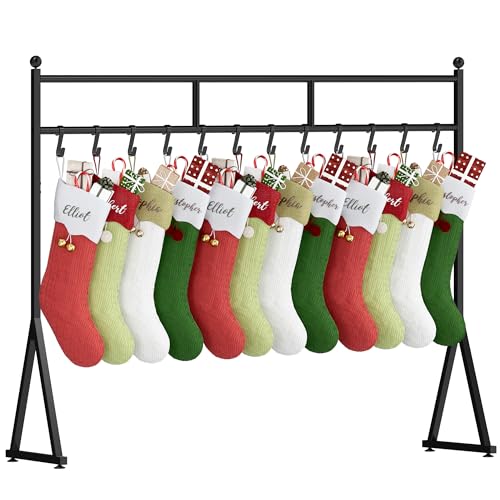 LAND·VOI Christmas Stocking Holder with 12 Hooks, Free Standing Metal Stand, Adjustable Feet, Black