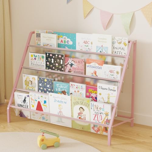 4-Tier Metal Kids Bookshelf - Transparent Front-Facing Toddler Book Rack