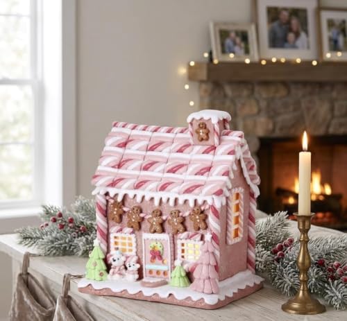9-Inch LED Lighted Gingerbread House with Pastel Marshmallow Decor