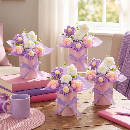 Willinglong 6-Piece Pastel Crochet Flower Bouquet Gift Set - Handmade Artificial Flowers with Gift Bags