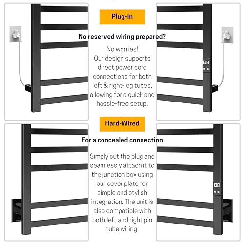 8-Bar Wall-Mounted Heated Towel Rack, Matte Black Stainless Steel