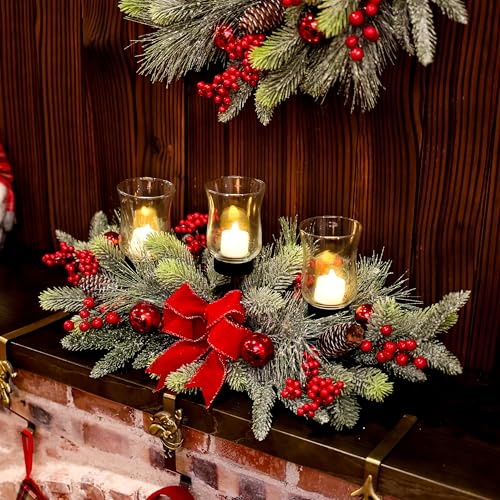 Red Christmas Table Centerpiece with 3 Glass Candle Holders & Berries