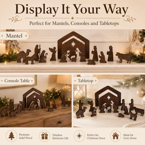 Hawkrown 16-Piece Wooden Nativity Set with Brown Finish for Indoor Christmas Decor