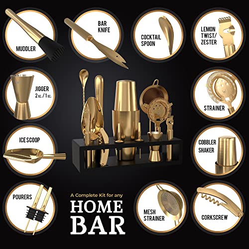 Highball & Chaser Antique Gold Bartender Kit with Bamboo Stand – Cocktail Shaker Set & Bar Tools