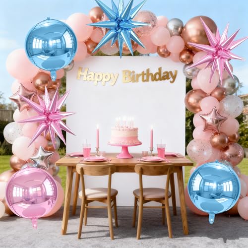 Alainzeo 6Pcs 22in Pink & Blue 4D Round & Star Balloons, Premium Foil Kit (Pink/Blue) for Birthday & Party