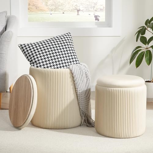Royal Windsor Velvet Beige Round Storage Ottoman Set of 2 - Vanity & Footrest