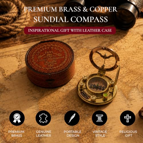 Engraved Brass Sundial Compass with Leather Box - Scripture Gift