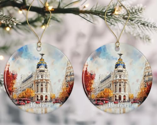 Madrid Watercolor Christmas Ornament - Double-Sided Ceramic Keepsake Gift for Madrid Lovers