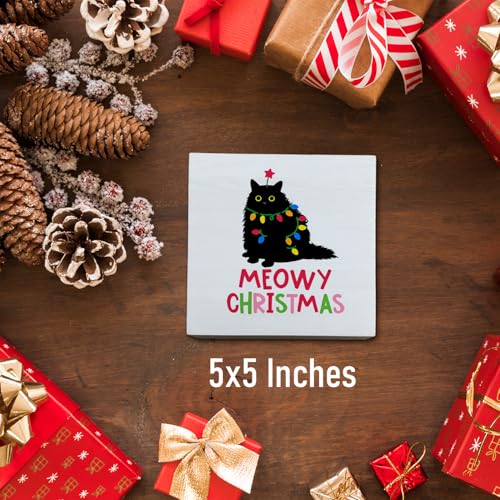 Meowy Christmas Cat Sign - Wheatwin Wooden Box Decor, 5x5 inches, Merry Christmas