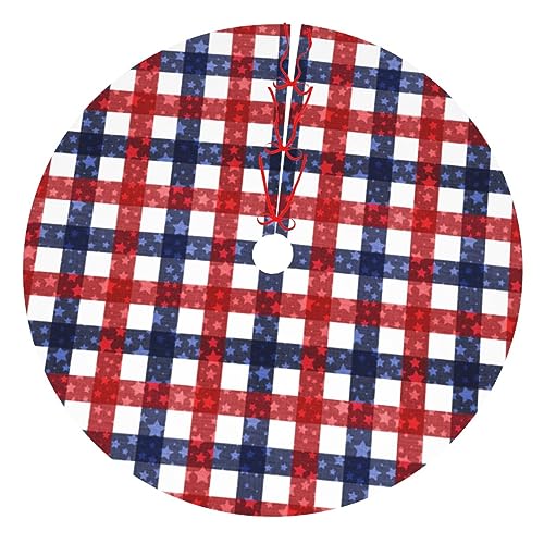 LUMANSITTER 36" July 4th Patriotic Flag Plaid Christmas Tree Skirt — Red/White/Blue, Faux Frosted Fabric