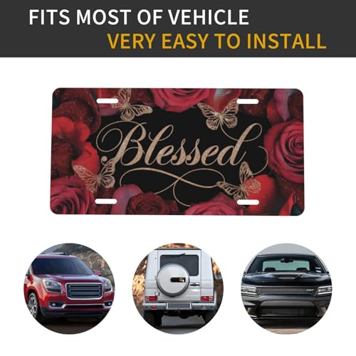 Blessed Red Rose Butterfly Decorative License Plate - 6x12 Aluminum Wall Sign