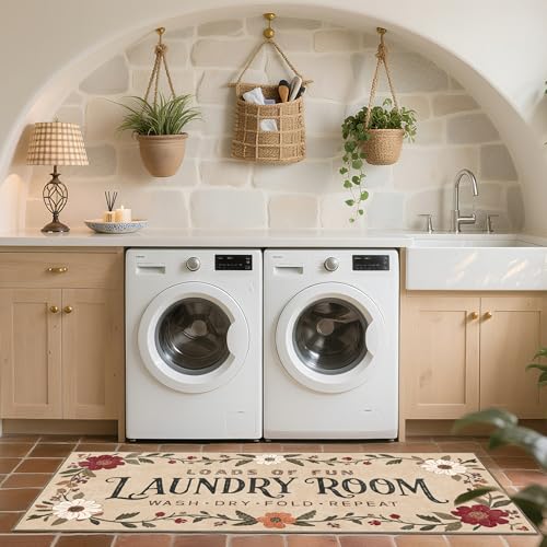 Washable Laundry Room Runner Rug, 20x47 Floral Non-Slip Low-Pile Mat