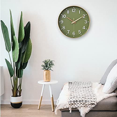 12-Inch Silent Non-Ticking Wall Clock, Olive Green and Gold Modern Decor