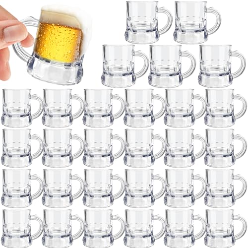30 Pcs Mini Plastic Beer Mugs, 1 oz Clear Shot Glasses with Handles
