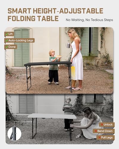 4-Foot Adjustable Height Folding Table, Portable Camping & Utility Table