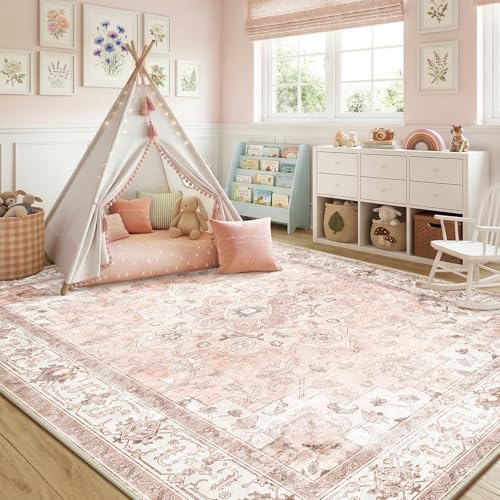 5x7 Washable Floral Area Rug – Non-Slip Pink Low Pile Nursery Carpet