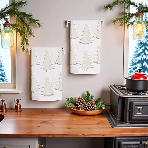 Beige Christmas Tree Hand Towels 2 Pack 100% Cotton Jacquard Holiday Kitchen & Bathroom Decor