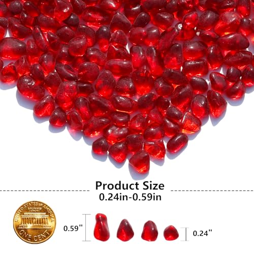 Red Clear Glass Pebbles Gemstones - 14oz Aquarium Rocks & Vase Fillers