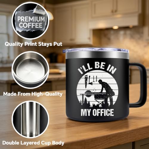 Fufendio Woodworking Gift 14oz Coffee Mug – Black Variation, Leakproof Lid