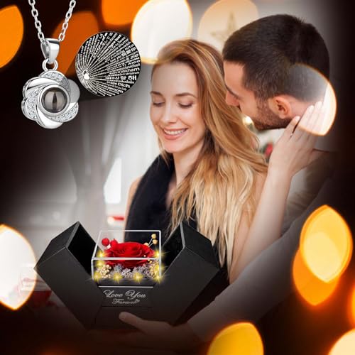 Enerleaf Red Preserved Rose with I Love You Necklace – Eternal Rose Gift for Mom, Wife, Girlfriend