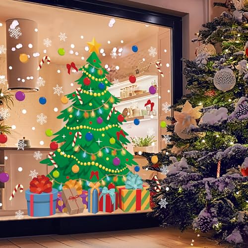 Augisteen Reusable 2-Piece Christmas Tree & Snowflake Window Clings - Large Holiday Decals for Glass & Home Decor