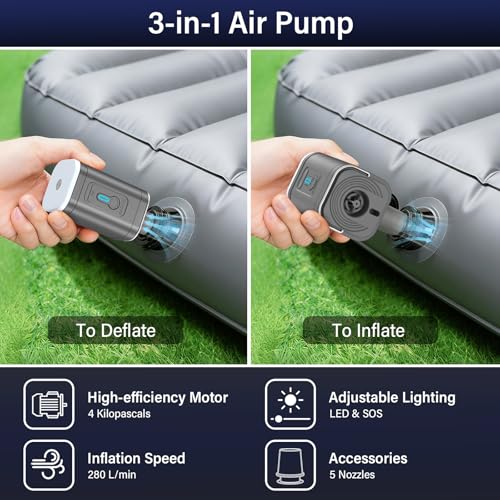 Portable 3-in-1 Air Mattress Pump with LED Light & 2400mAh Battery